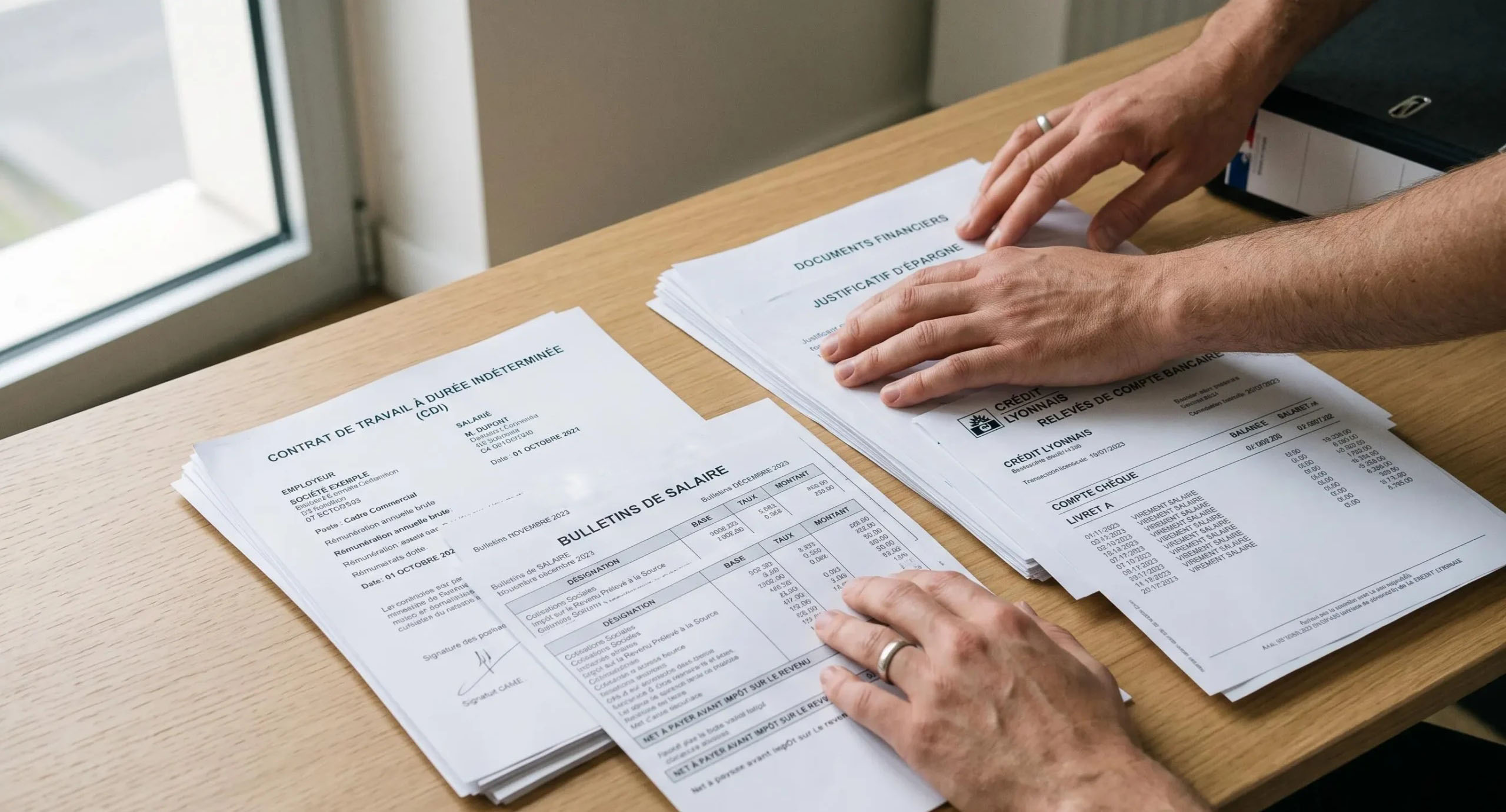 Mains organisant des documents clés pour un dossier de prêt immobilier incluant contrat CDI, bulletins de salaire et relevés d'épargne