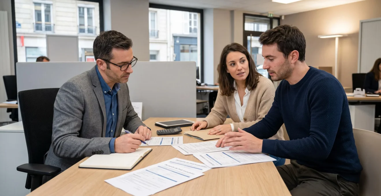 Jeune couple rencontrant un conseiller bancaire dans une agence pour présenter directement leur dossier de prêt immobilier