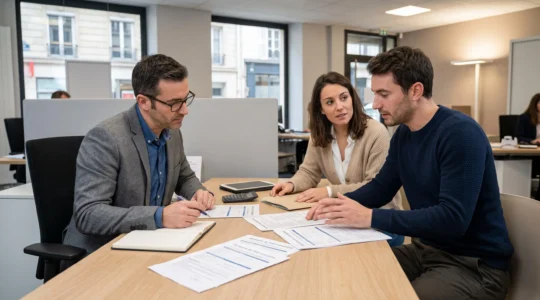 Jeune couple rencontrant un conseiller bancaire dans une agence pour présenter directement leur dossier de prêt immobilier