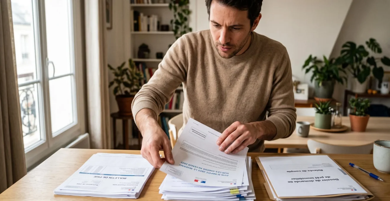 Personne organisant méthodiquement les documents administratifs de son dossier de prêt immobilier sur une table